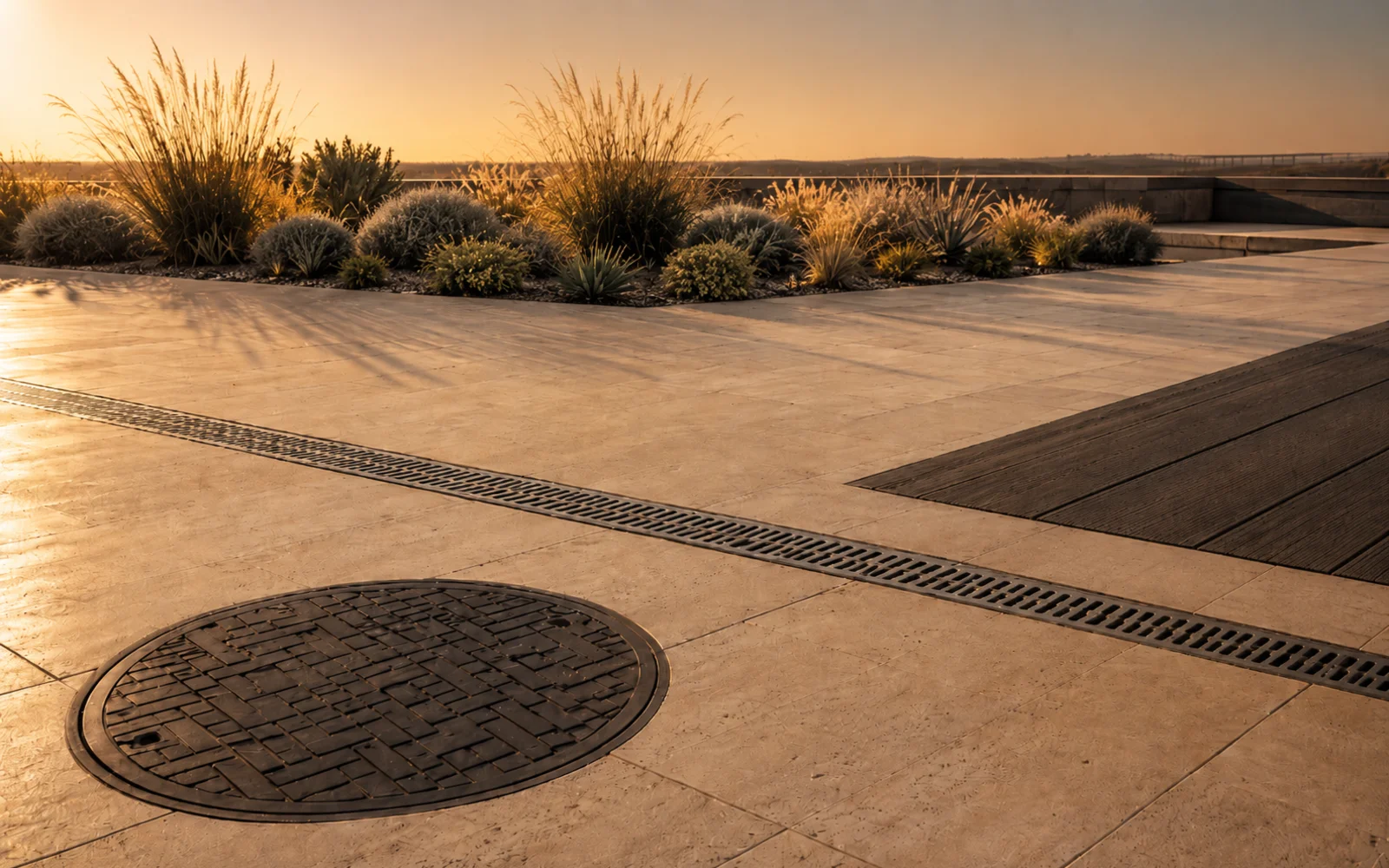 Linear channel drainage with a steel grate set into paving along a public plaza edge
