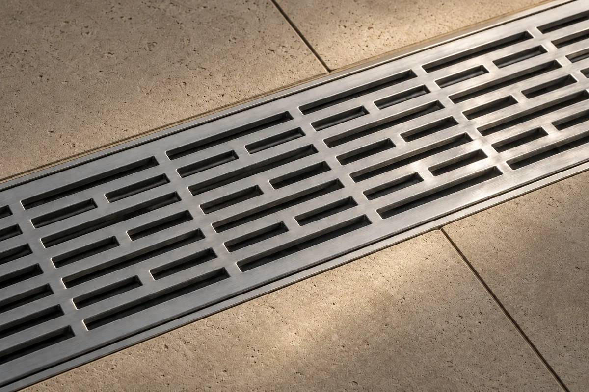 Detail of a drainage grate and channel showing finish and load-class profile