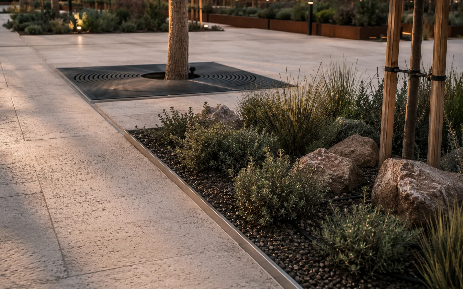 Landscaped public realm with aluminium edging, tree grates, and reinforced ground surfaces along a planted path
