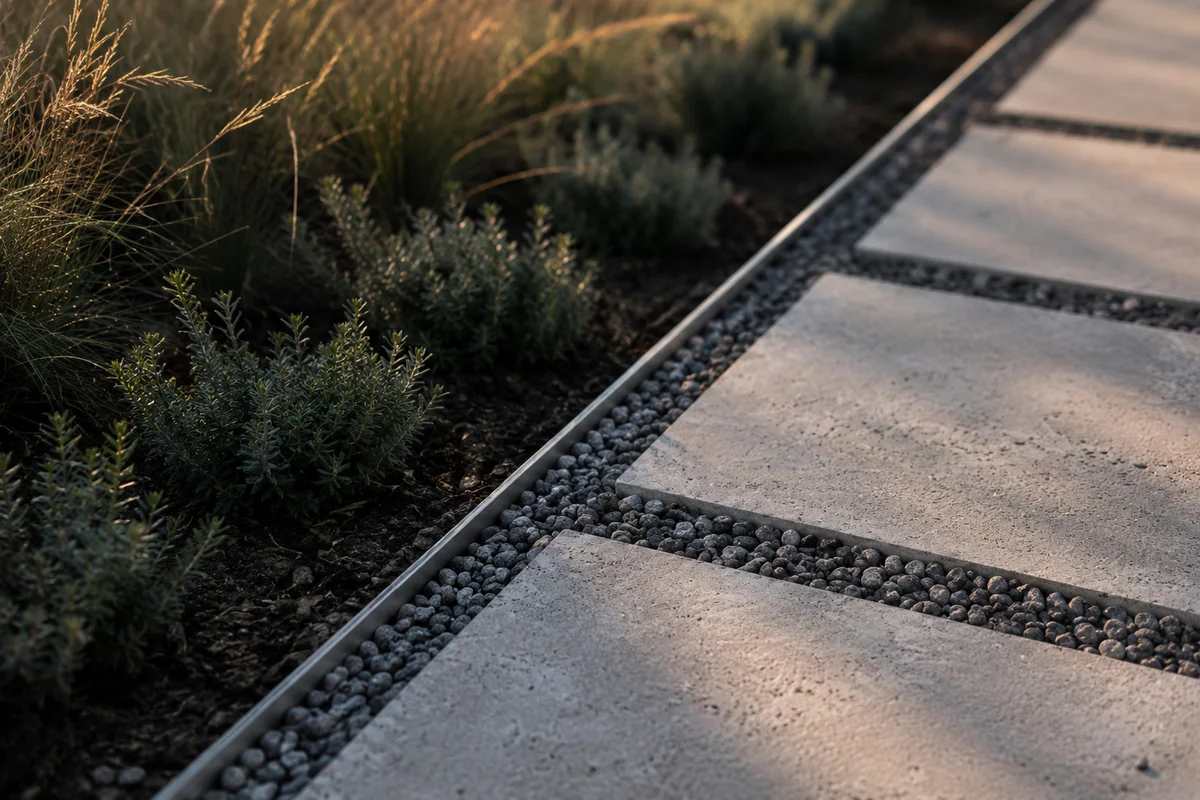 Detail of metal landscape edging and a tree grate at a planting bed