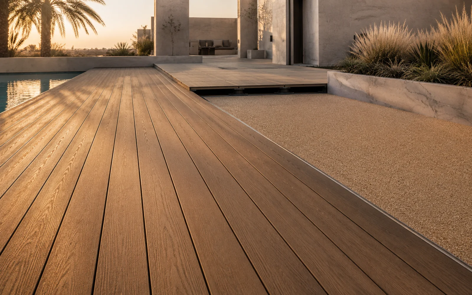 Porcelain pavers on pedestals across a level rooftop terrace with composite decking detail