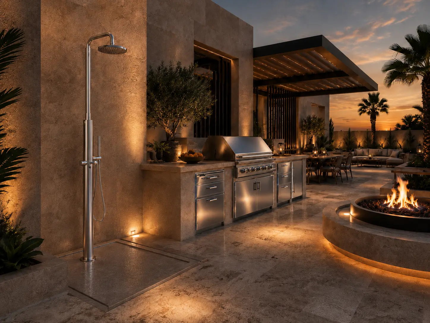 Resort pool deck at dusk with loungers, daybeds, and a cabana along a waterfront terrace