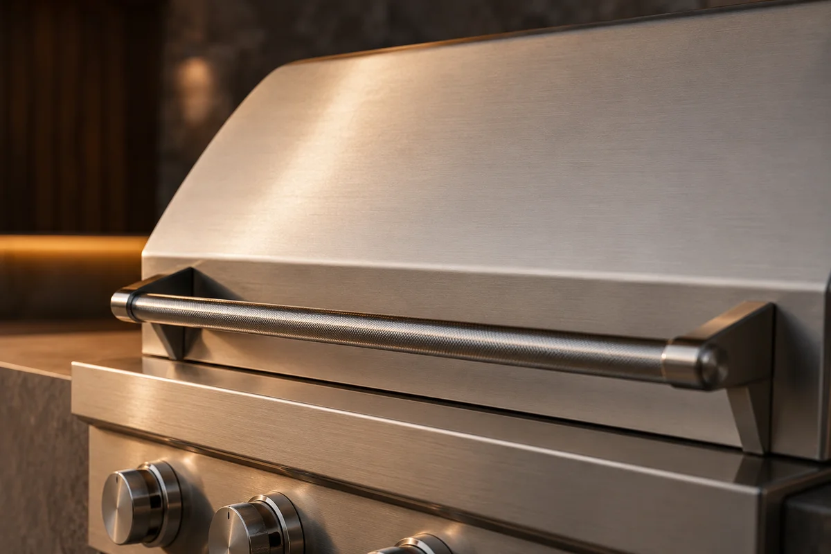 Detail of an outdoor kitchen and BBQ station with a fire feature on a hospitality terrace