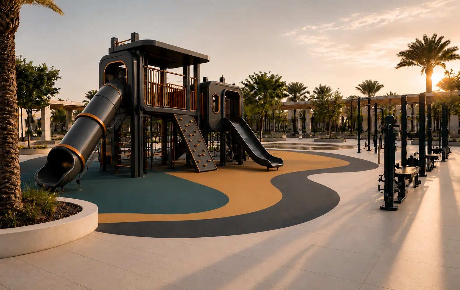 Outdoor playground in a park with multi-play structures, slides, and climbing equipment over impact-attenuating surfacing