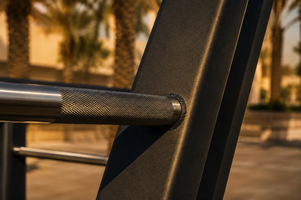 Detail of outdoor play equipment showing finish and fixings