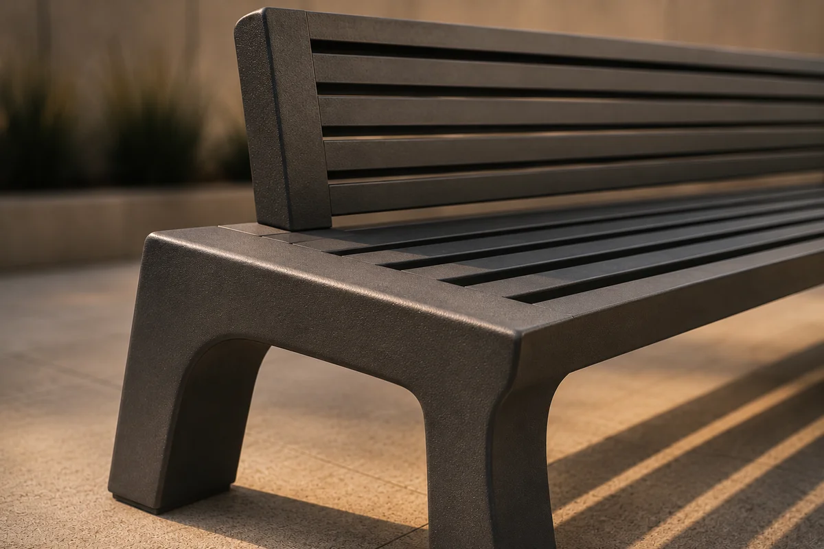 Detail of a powder-coated steel public bench showing finish and timber slats