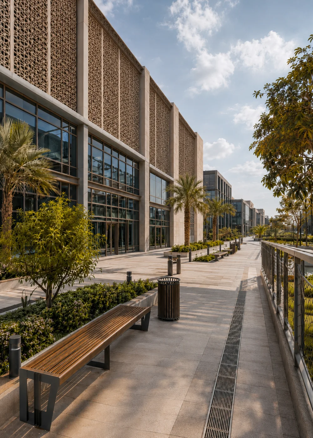 Commercial environment with façade treatment, outdoor flooring, drainage, cable or net detail, and structured site circulation