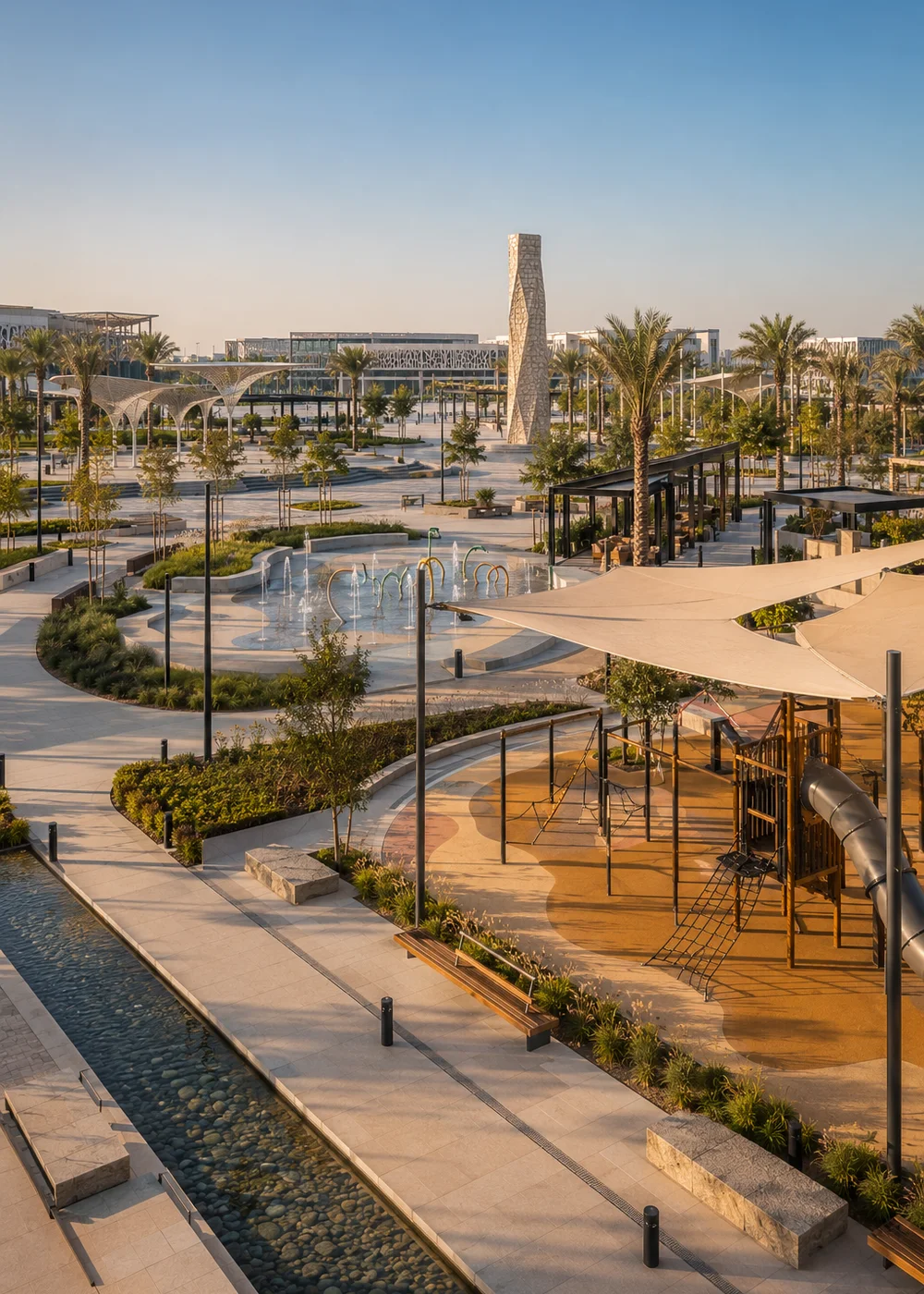 Large-scale project environment with play area, water play, shade structures, outdoor flooring, and coordinated public-space systems