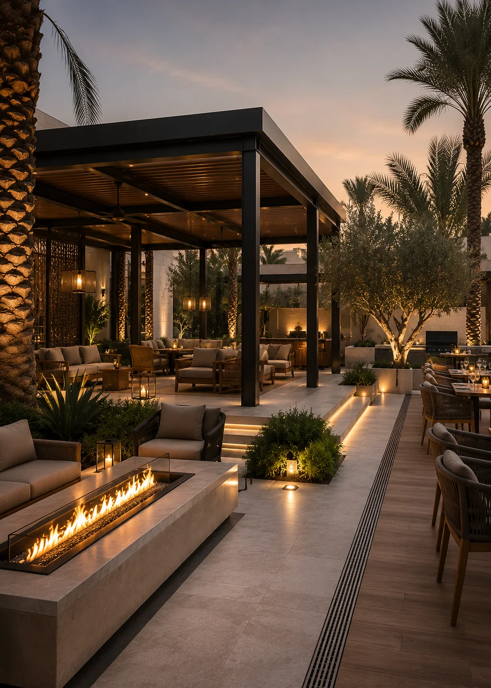 Hospitality environment with outdoor seating, shade structure, premium paving, planters, and outdoor living features
