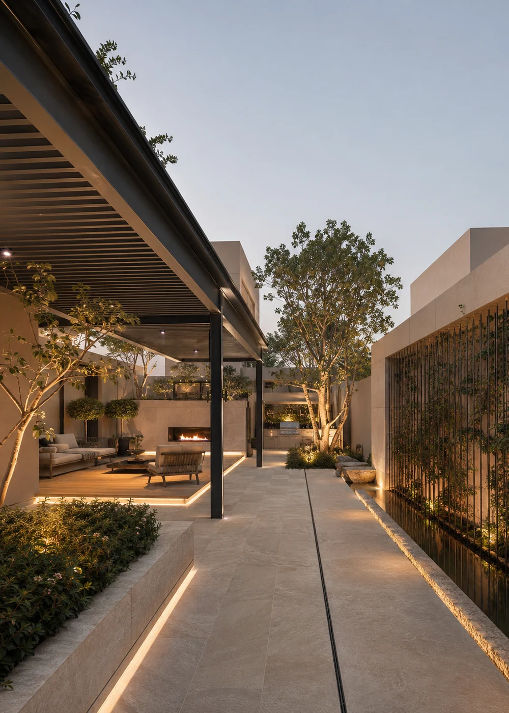 Luxury residential outdoor environment with pergola, seating, water feature, paving, planting, and refined architectural detailing